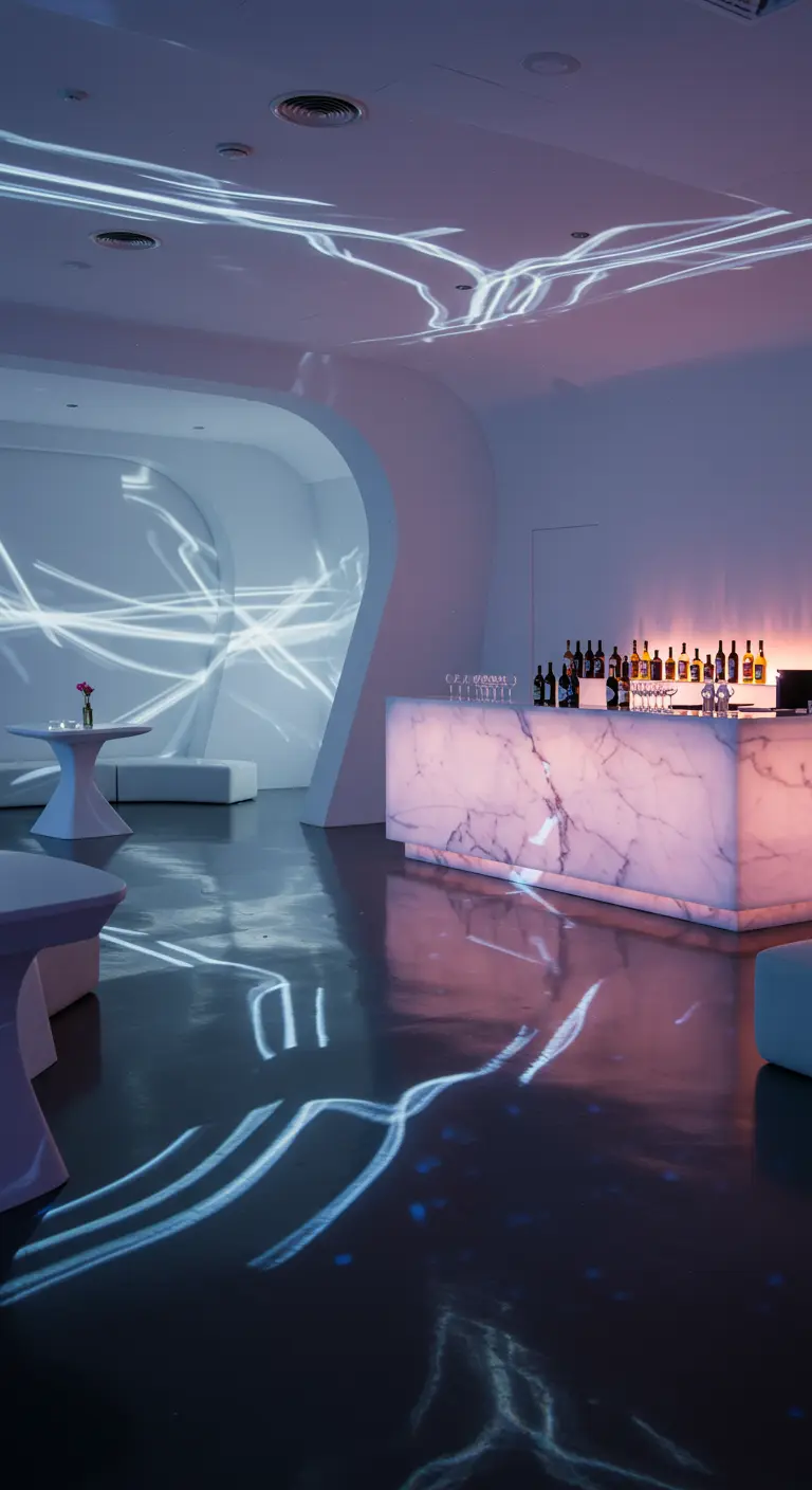 Moderne, witte ruimte met lichtprojecties op de vloer en een marmeren bar.