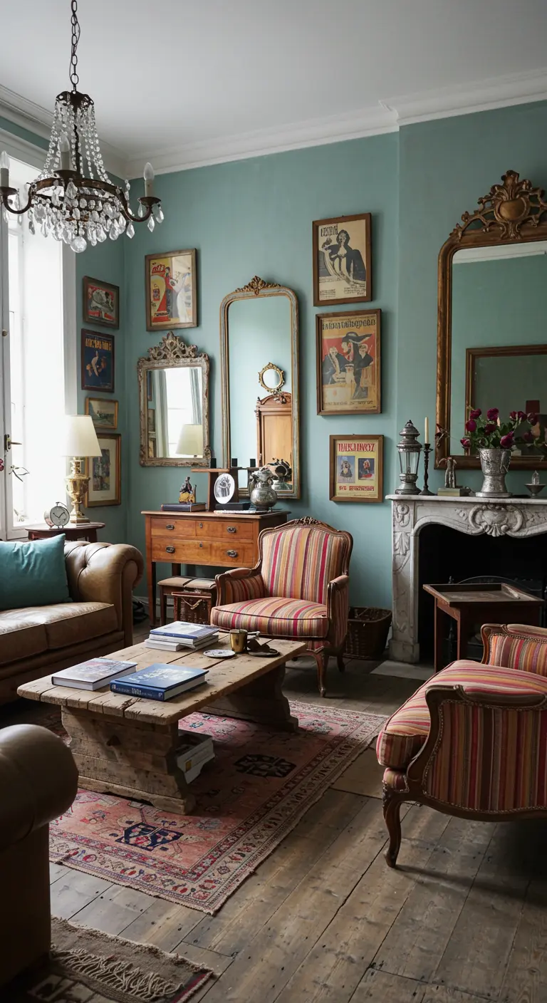 Eclectische woonkamer met aqua muren, antieke spiegels en een galerij van kunstwerken