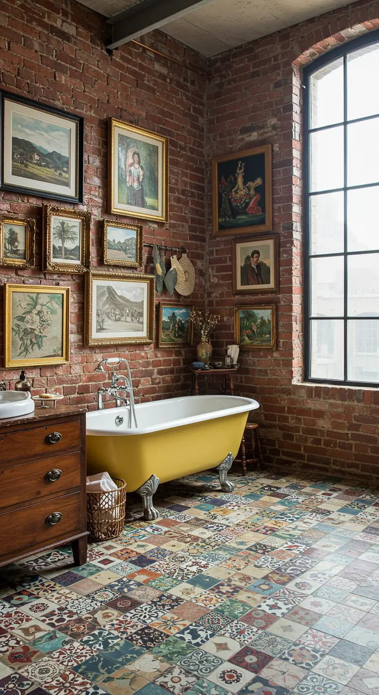 Badkamer met bakstenen muur vol schilderijen en een kleurrijke tegelvloer.