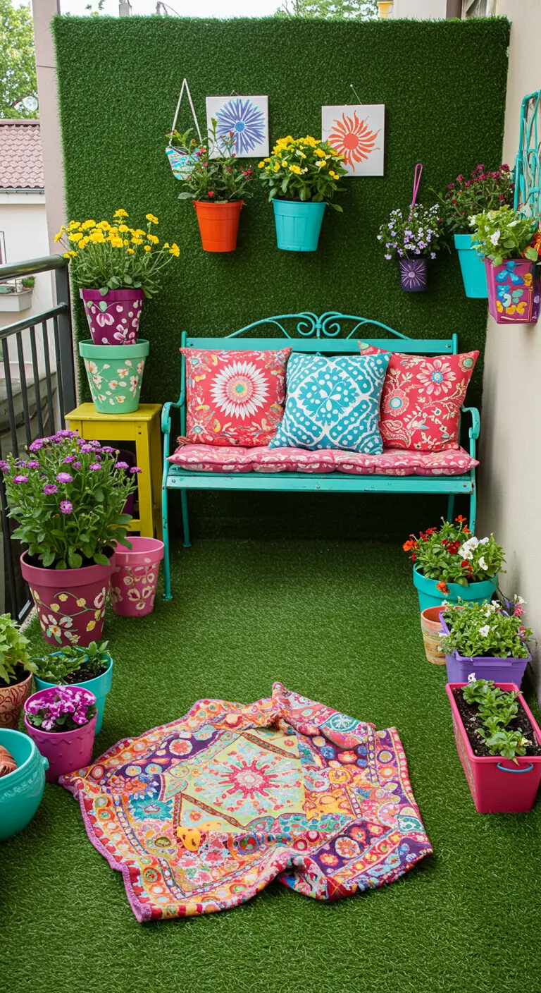 Kleurrijk, eclectisch balkon met kunstgras, een turquoise bankje en veel bonte potten en kussens.