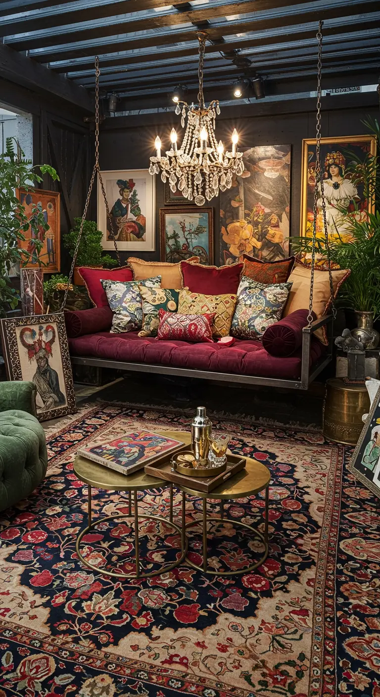 Luxe overdekt terras met een fluwelen schommel-daybed, kroonluchter en kunst aan de muur.