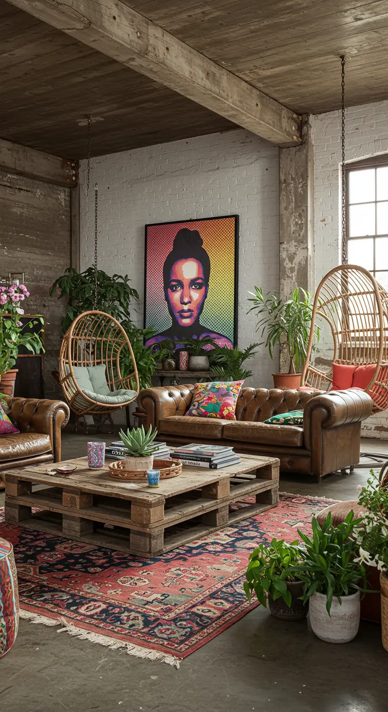 Bohemian loft met een leren Chesterfield, rotan hangstoelen en een groot, kleurrijk pop-art portret.