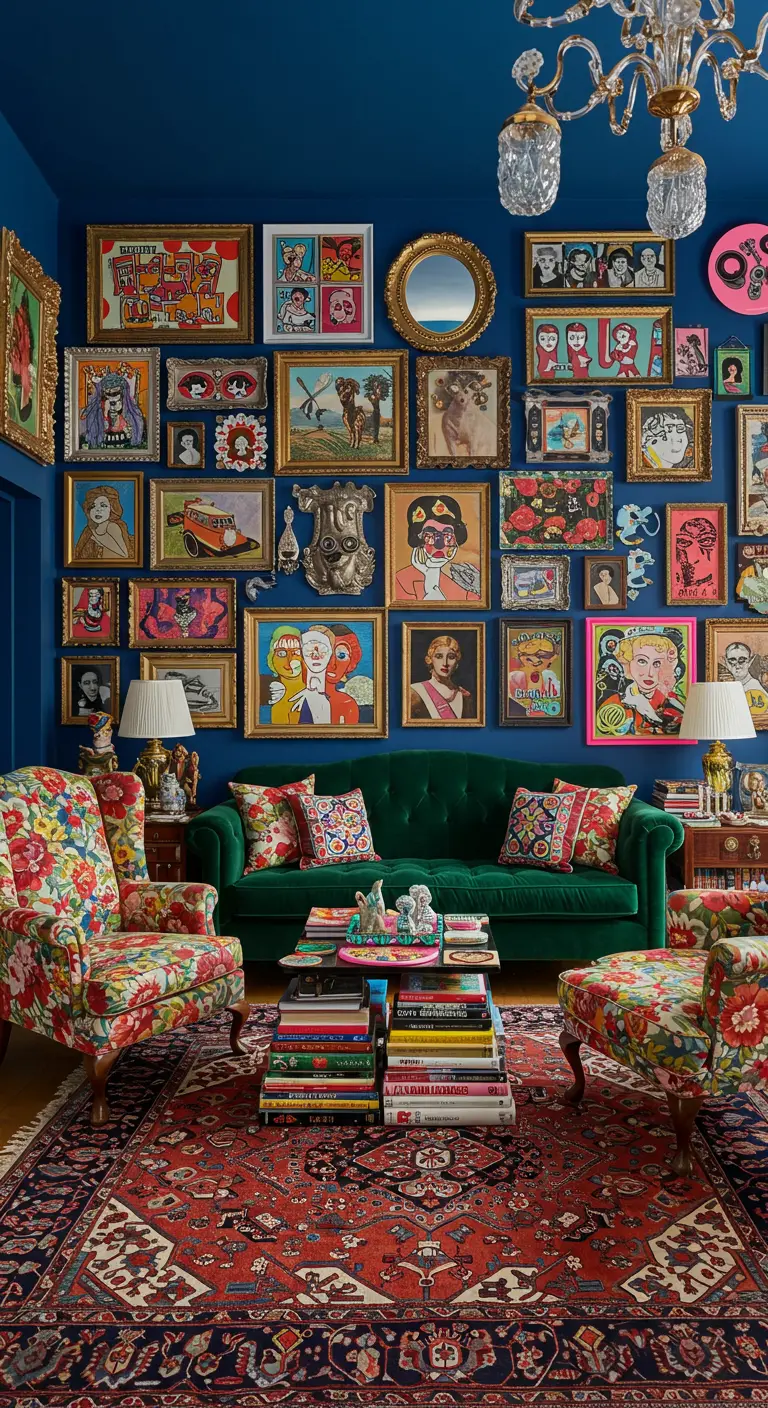 Maximalistische galerijmuur met kleurrijke kunst en gouden lijsten tegen een diepblauwe muur.