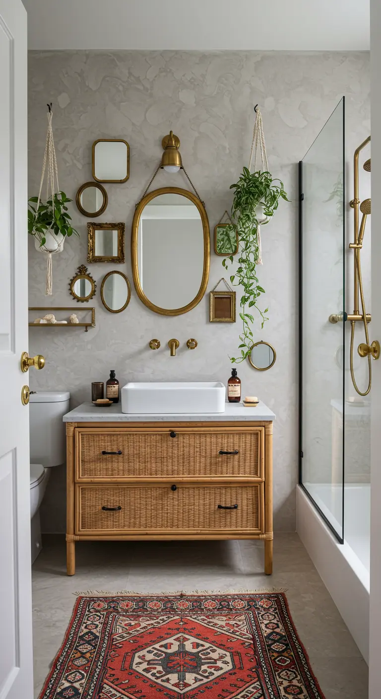Badkamer in boho-stijl met een rotan meubel en een galerijwand van messing spiegels.