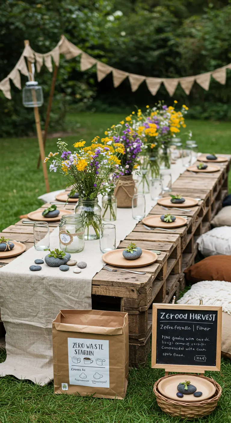 Buitenfeest met een tafel van pallets, gedecoreerd met veldbloemen in weckpotten en een 'zero waste' thema.