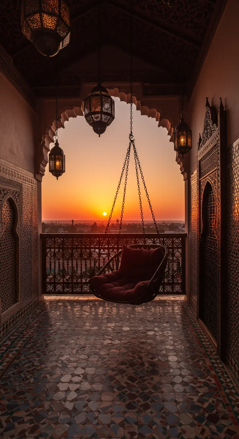Hangstoel op een Marokkaans balkon met lantaarns en mozaïekvloer bij zonsondergang.