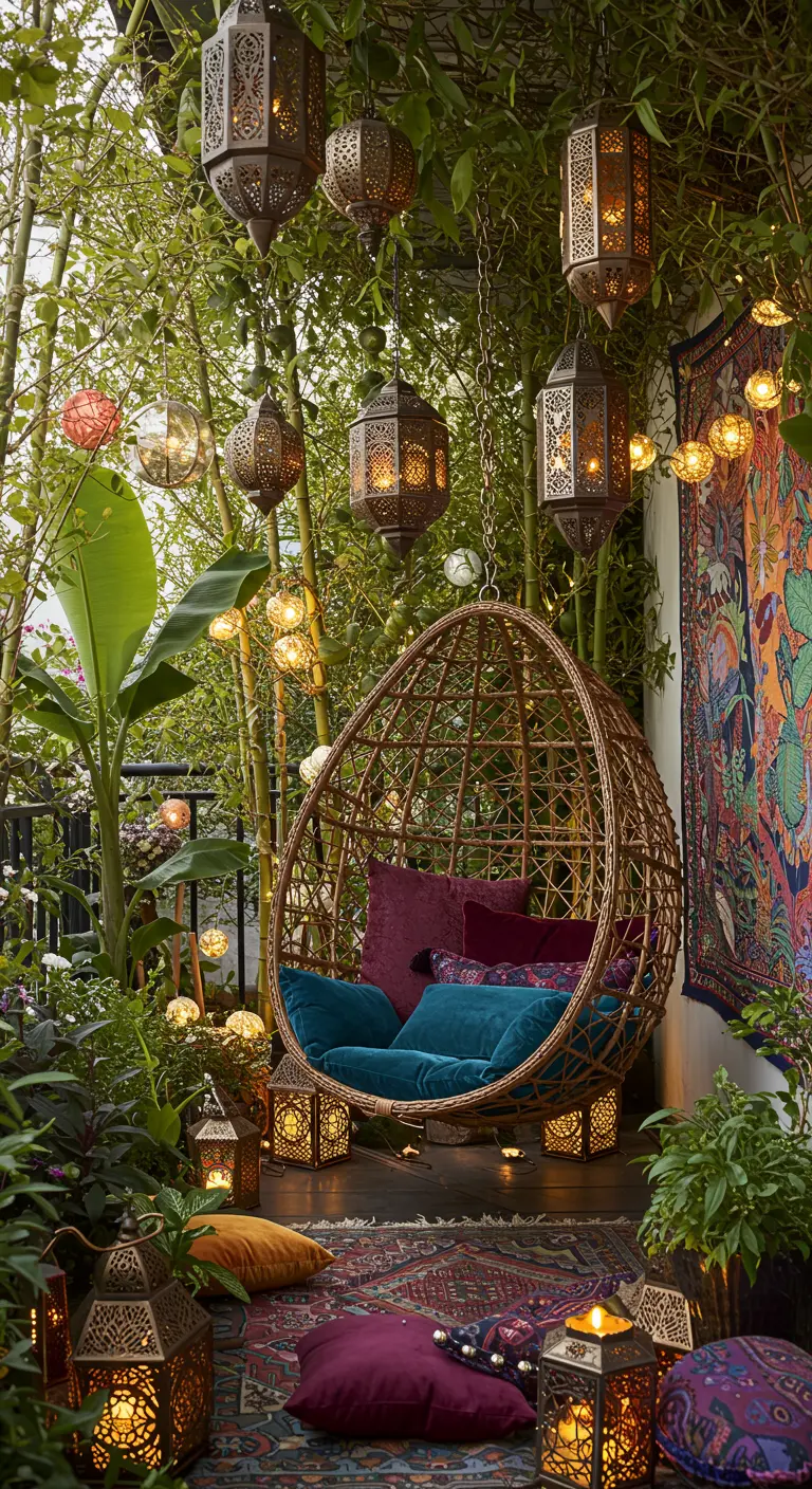 Bohemian balkon met een rotan hangstoel, Marokkaanse lantaarns en kleurrijke kleden.