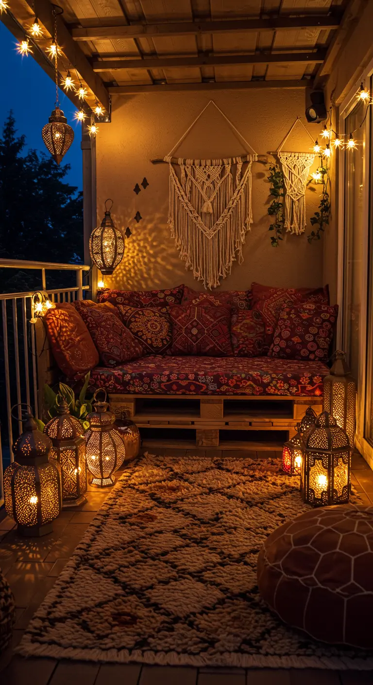 Balkon in Marokkaanse stijl met palletbank, rode kussens, lantaarns en een berberkleed in de avond.