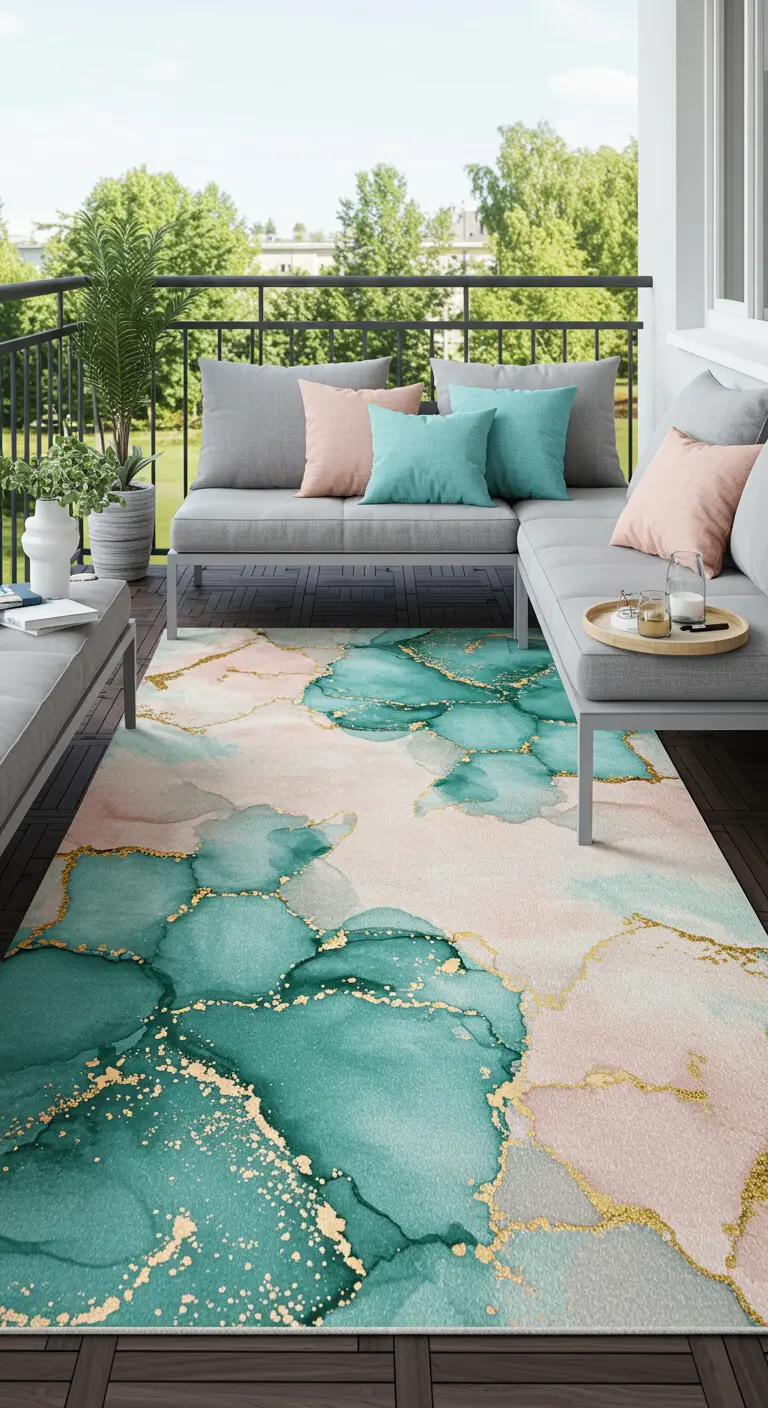 Modern balkon met een groot vloerkleed met een abstract aquarelpatroon in groen en roze.