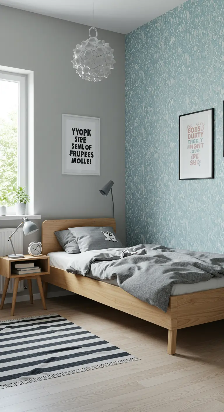 Slaapkamer met een accentmuur van lichtblauw behang met een subtiel patroon.