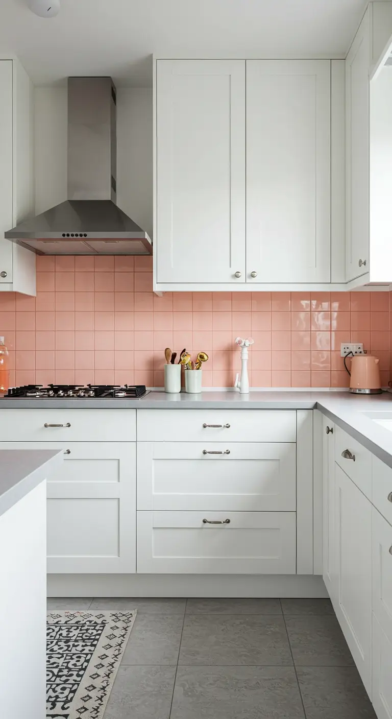 Witte keuken met een achterwand van zalmroze, verticaal geplaatste tegels.