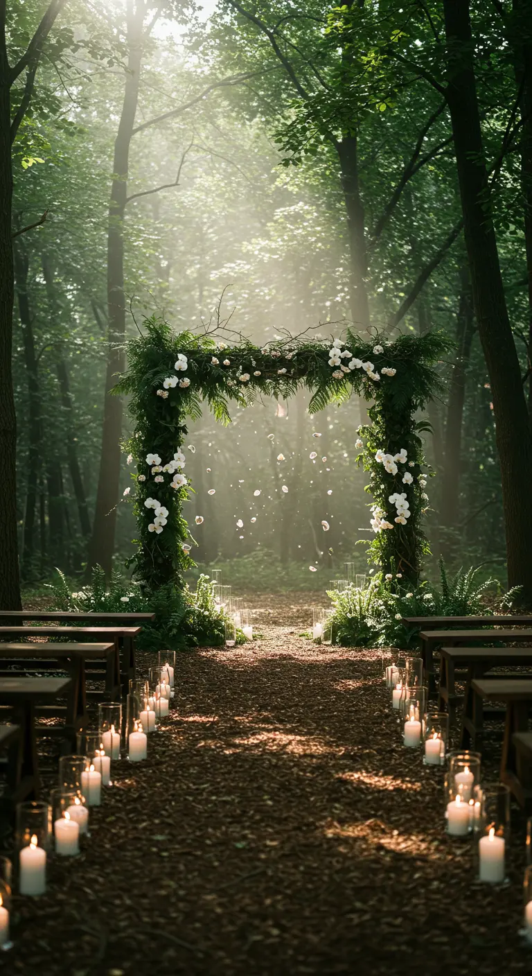 Romantische ceremonieplek in een bos met een altaar van varens, witte bloemen en kaarsen.