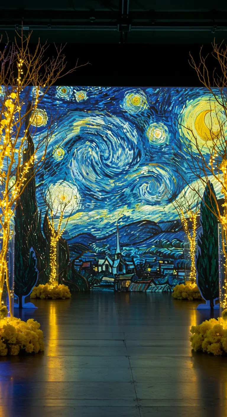 Grote backdrop van Van Goghs 'Sterrennacht', omlijst door takken met lichtjes.