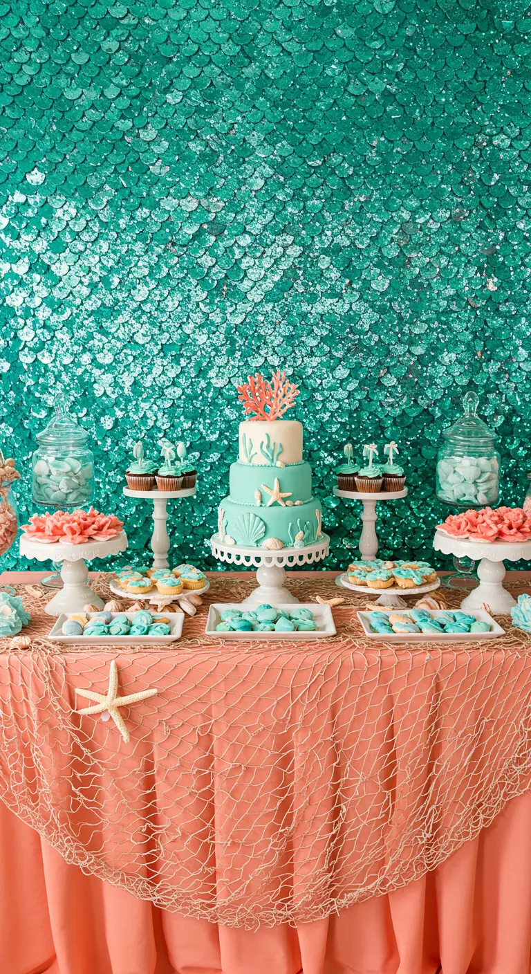Desserttafel met een zeegroene pailletten-achtergrond, koraalroze tafelkleed en een thematische taart.