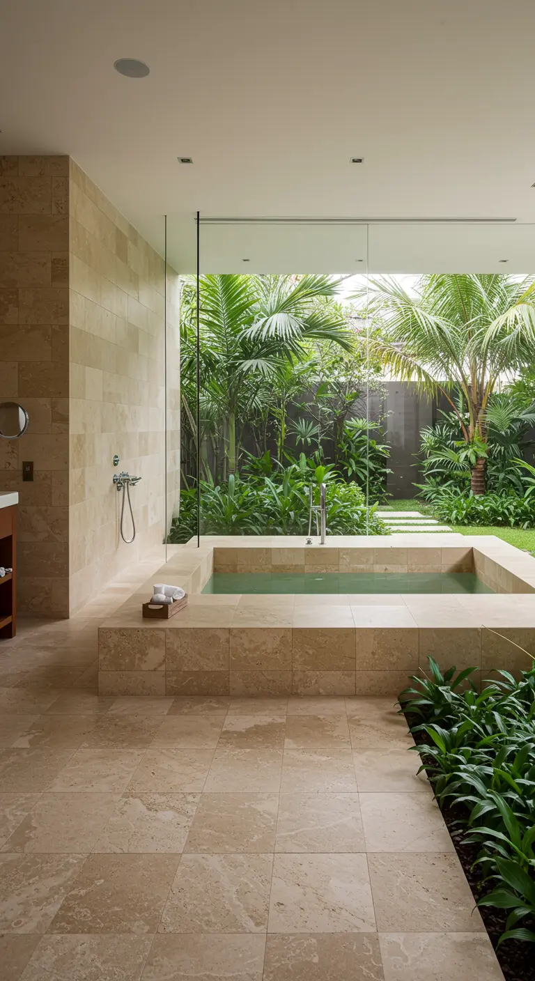 Luxe badkamer met een verzonken bad dat uitkijkt op een binnentuin vol palmen.