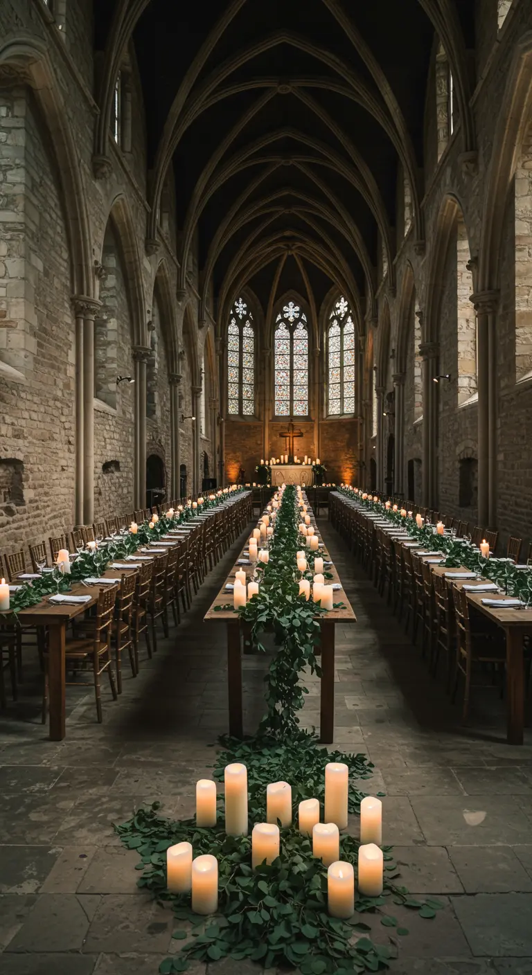 Lange dinertafels in een oude kerk of abdij, gedecoreerd met groen en kaarsen.
