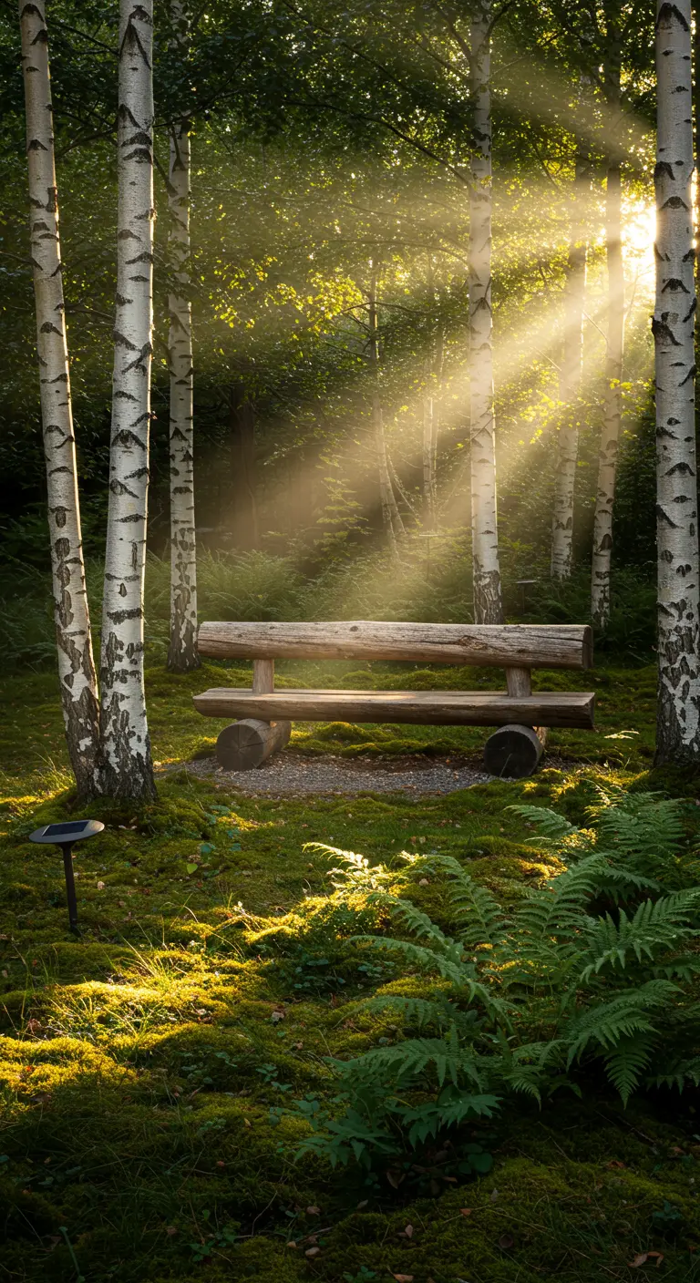 Houten bankje in een zonnig, mossig bos met berkenbomen.