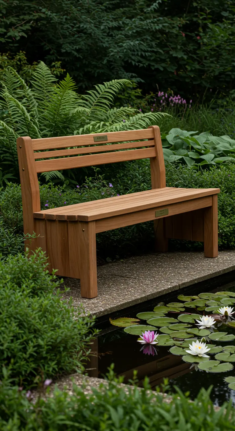 Houten herdenkingsbankje met gegraveerd plaatje, geplaatst bij een vijver met waterlelies.