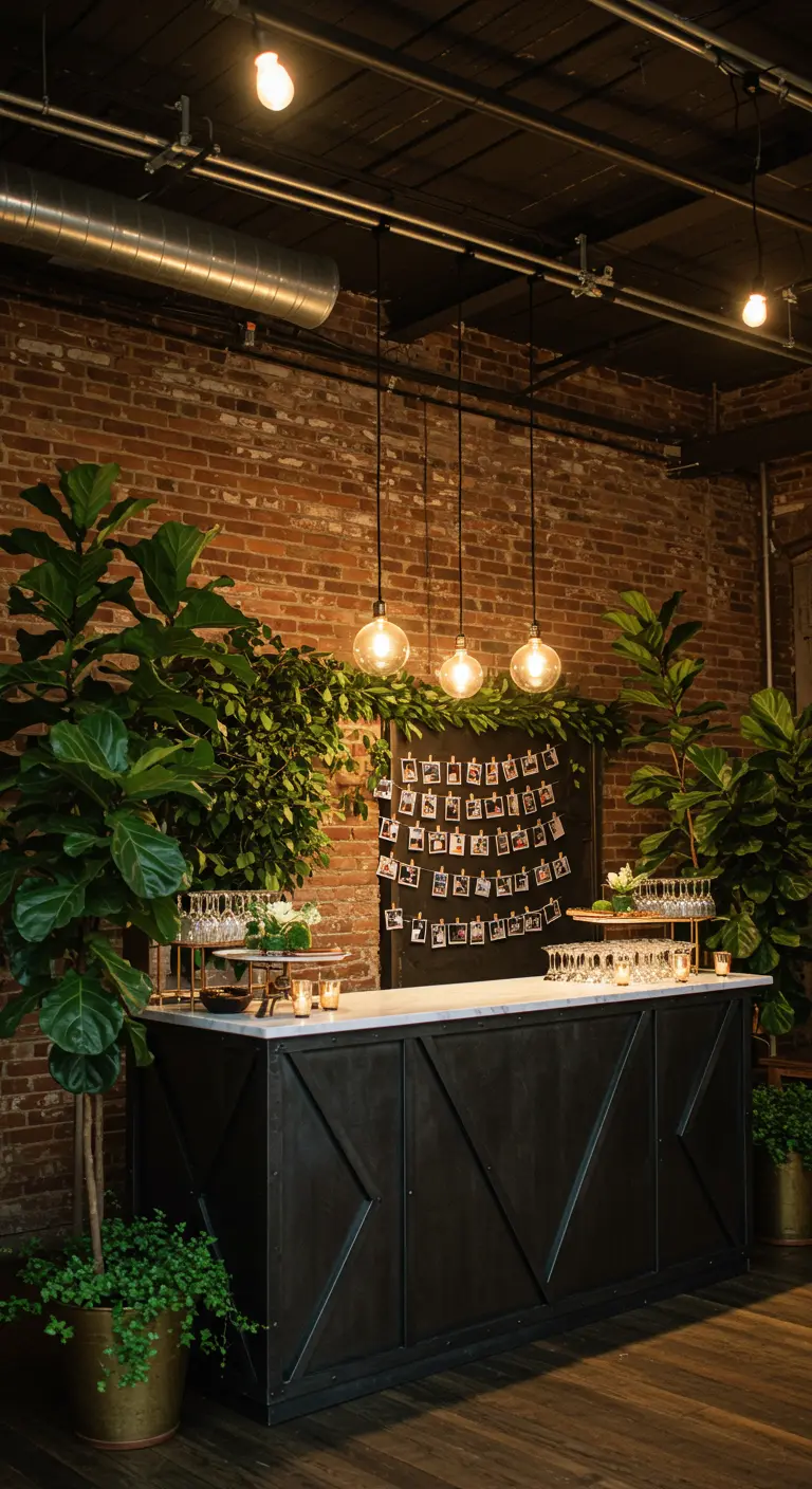 Zwarte industriële bar met een fotodisplay en grote groene planten eromheen.