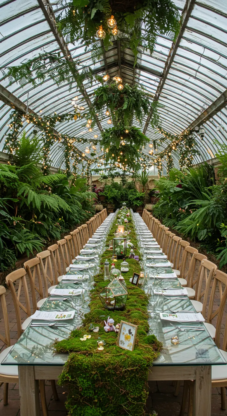 Lange tafel in een kas met een tafelloper van echt mos, varens en terrariums.