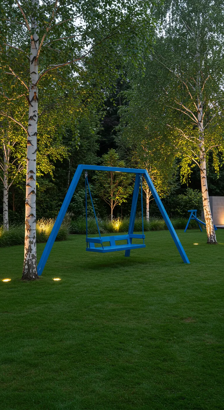 Simpele, felblauwe A-frame schommel op een groen gazon tussen berkenbomen.