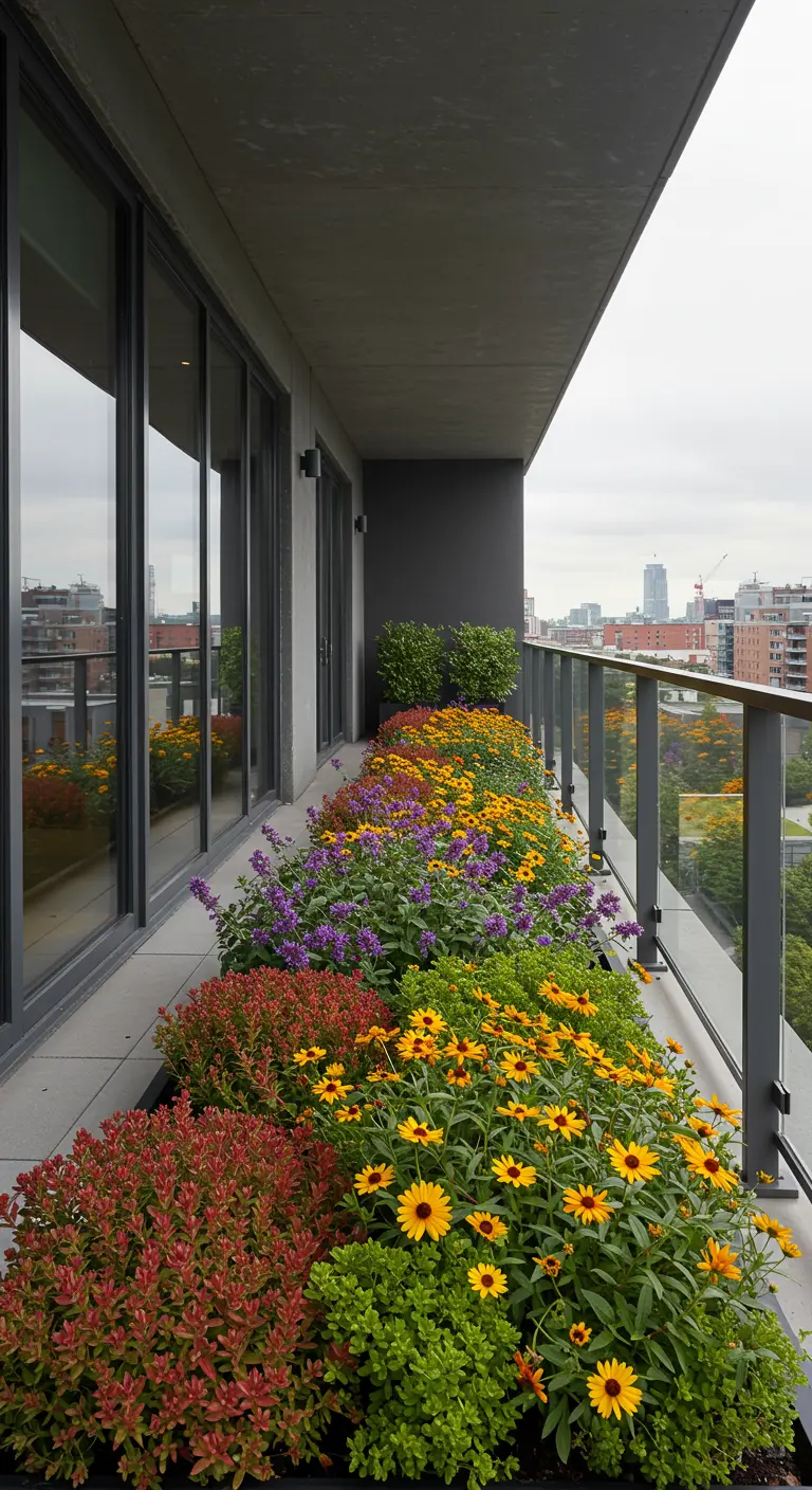 Lang balkon met borders van gele, paarse en rode bloemen langs de reling.