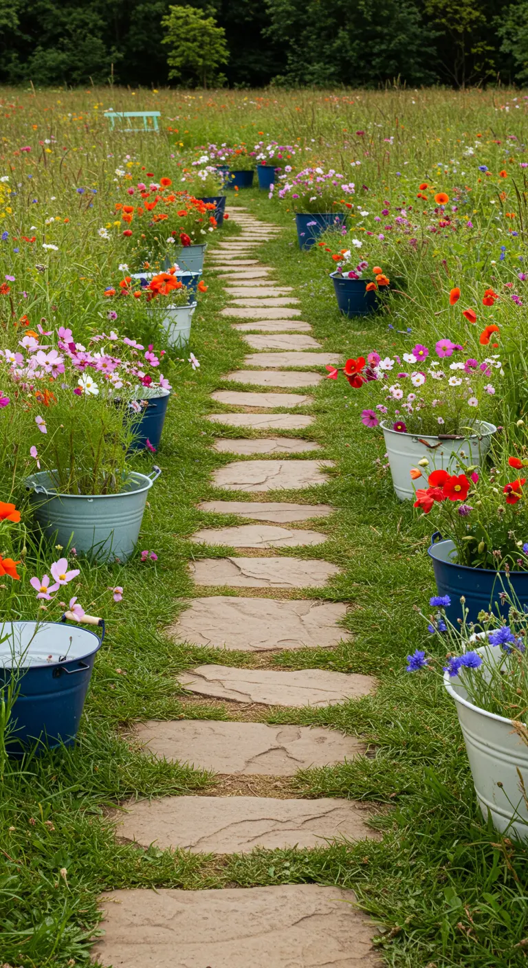 Stenen tuinpad geflankeerd door talloze emaille emmers vol met kleurrijke veldbloemen.