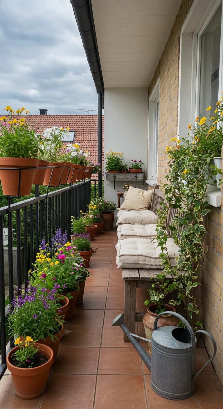 Smal balkon met een lange houten bank en een overvloed aan bloemen in potten.