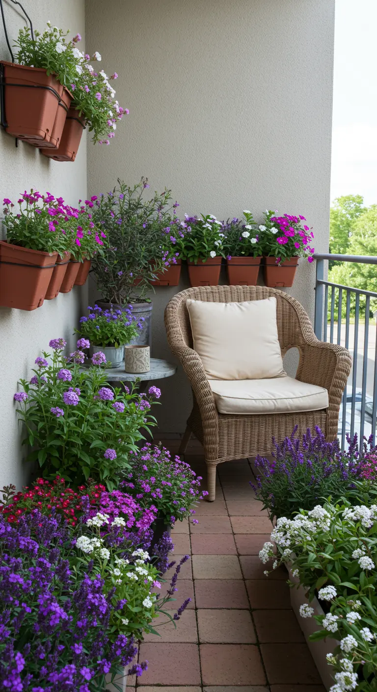 Knusse rotan stoel op een balkon, omringd door een overvloed aan paarse en roze bloemen.