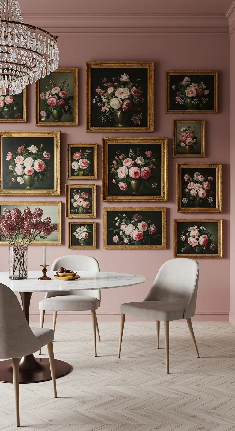Romantische eetkamer met roze muur, een gallery wall van bloemenschilderijen en moderne stoelen.