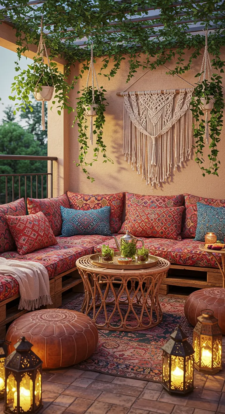 Bohemian balkon met een loungebank van pallets, kleurrijke kussens, macramé en lantaarns.