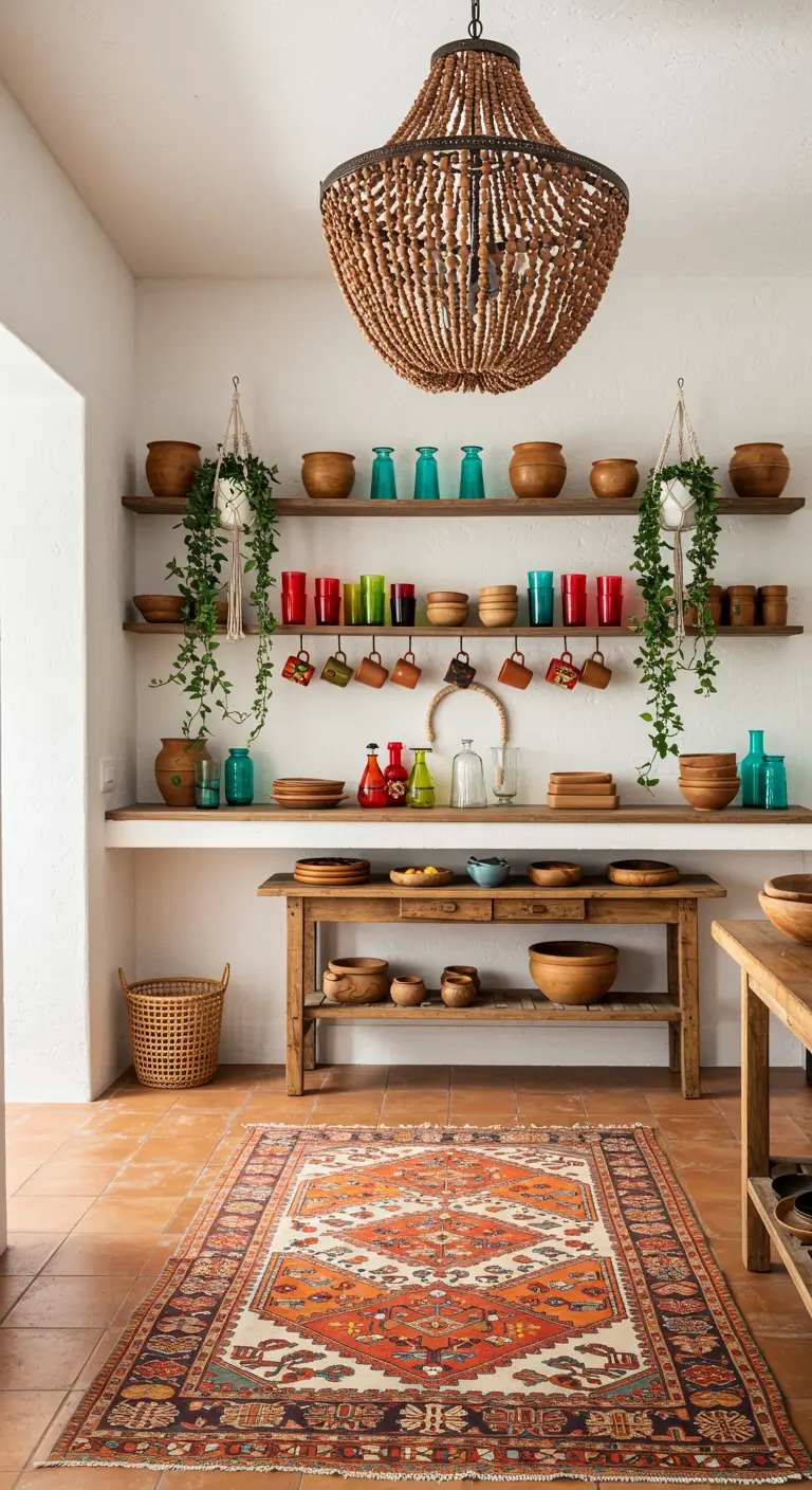 Open voorraadkast met houten planken, gekleurd glaswerk, hangplanten en een Perzisch tapijt.