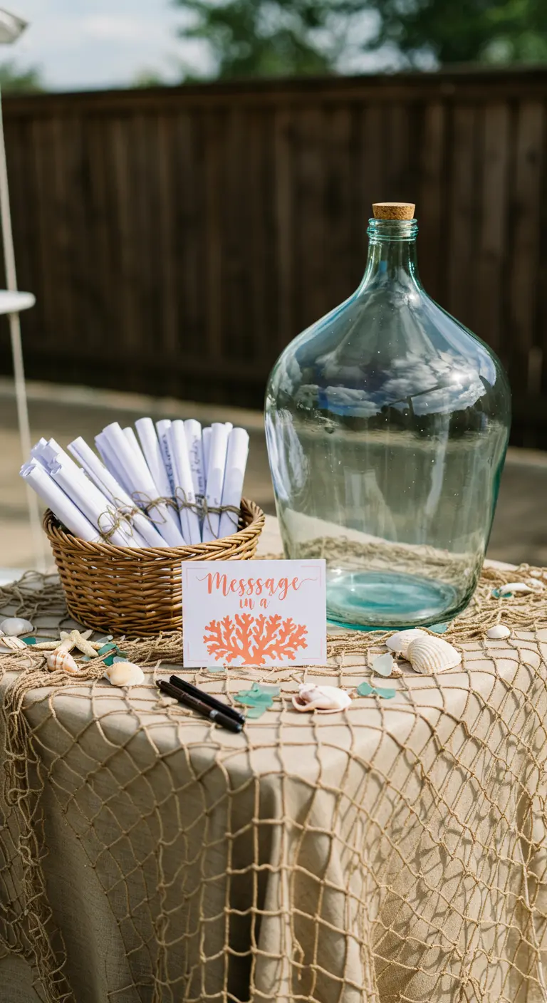 Gastenboek-idee met een grote glazen fles waar gasten opgerolde briefjes in kunnen doen.