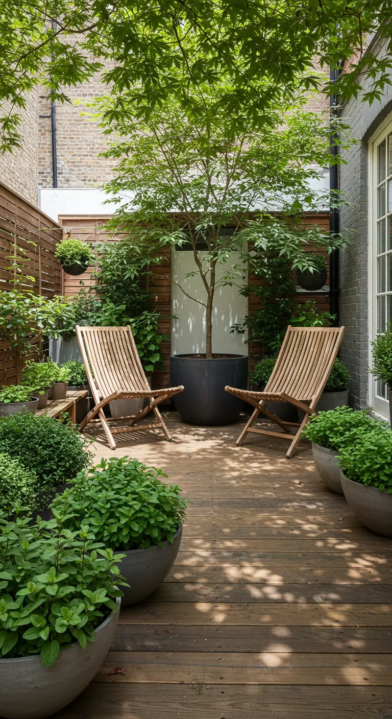 Stadstuin met Japanse esdoorn in een grote pot en houten loungestoelen.