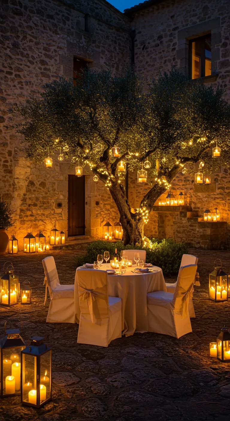 Romantisch diner onder een olijfboom, verlicht met lantaarns en lichtjesslingers.