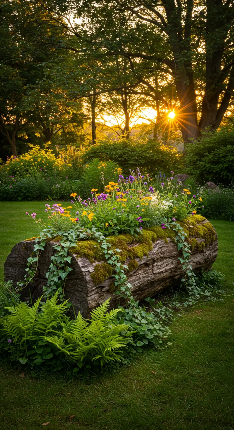 Uitgeholde boomstam vol mos en kleurrijke wilde bloemen in een tuin.