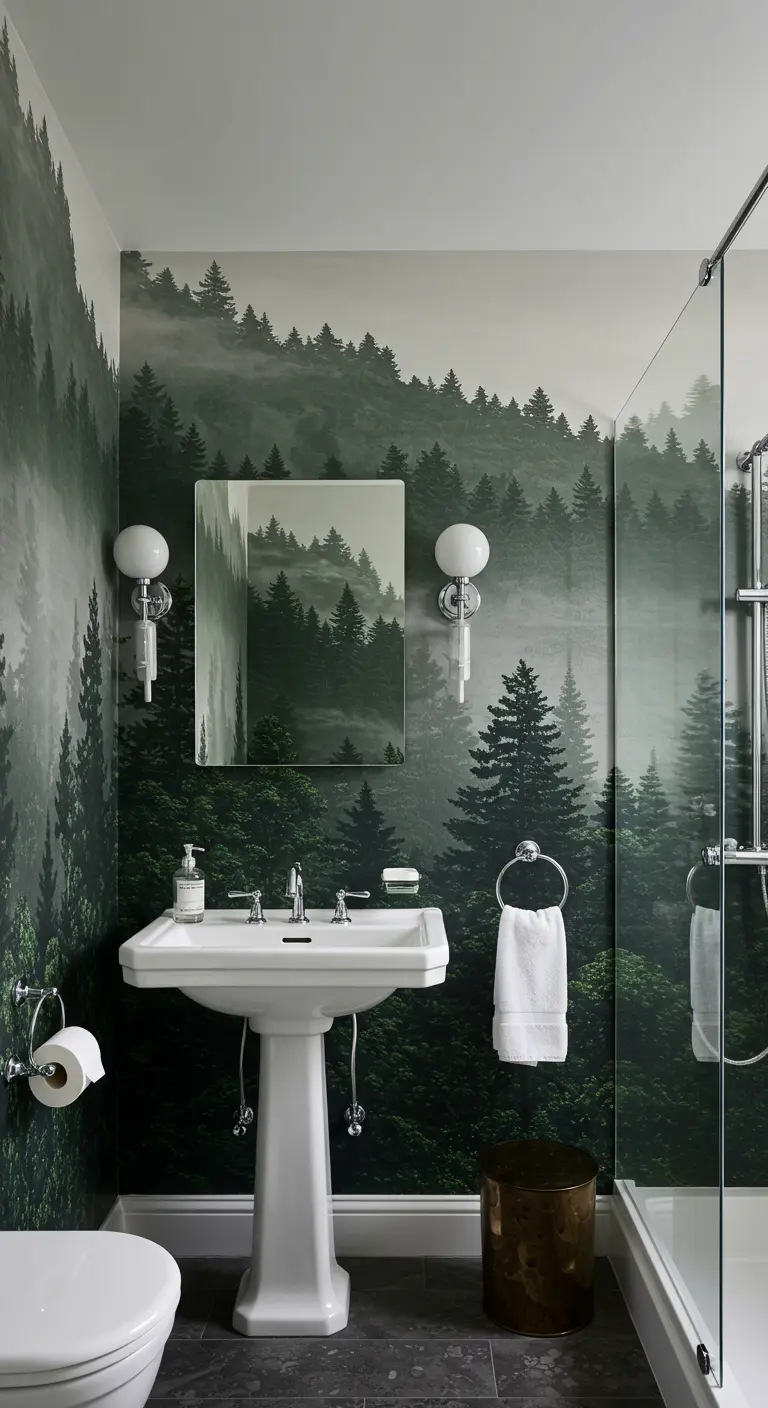 Badkamer met fotobehang van een mistig dennenbos achter een klassieke wastafel op zuil.