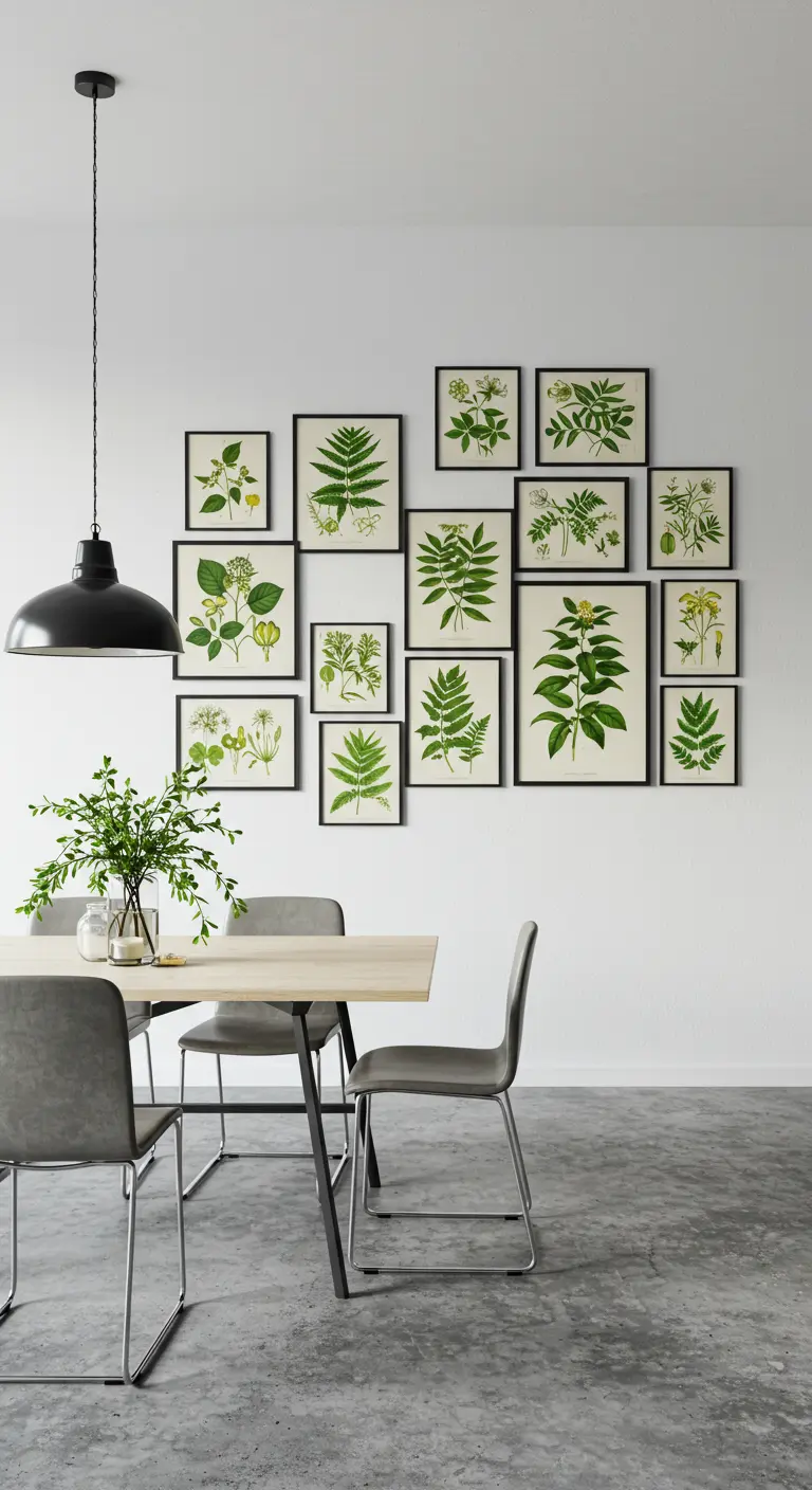 Witte muur met een verzameling ingelijste botanische prenten boven een eettafel.