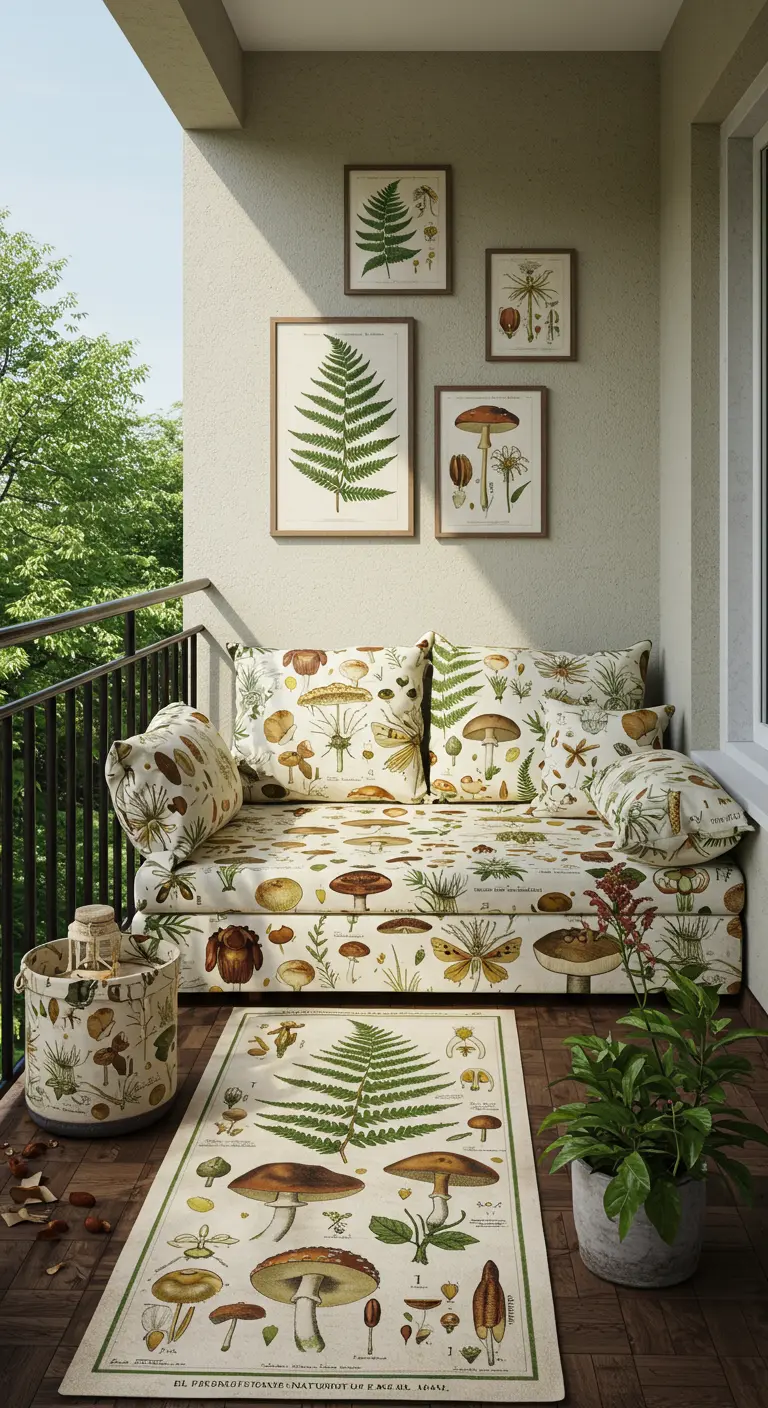 Balkon met een botanisch thema, vol met prints van paddenstoelen en varens.