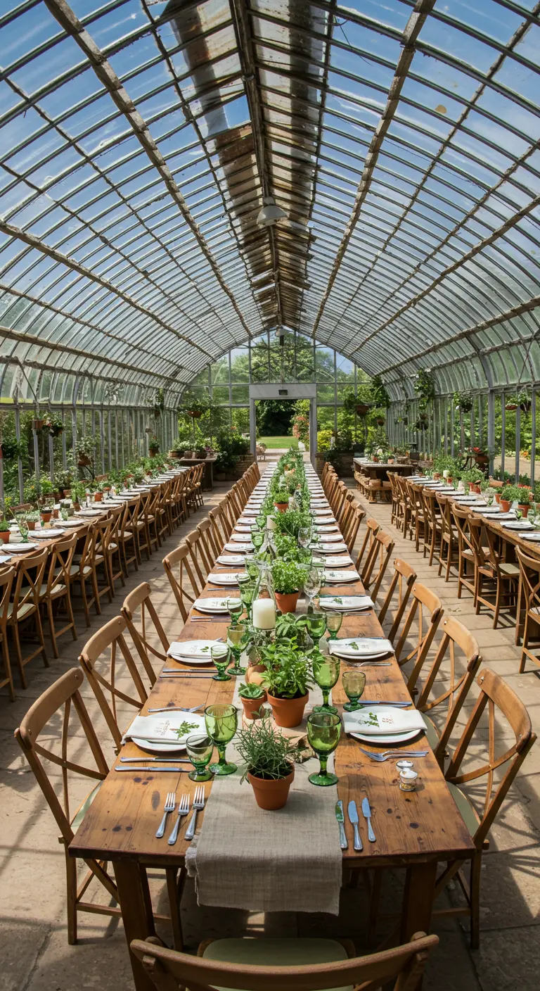 Lange dinertafel in een glazen kas, gedecoreerd met terracotta potten met groene kruiden.