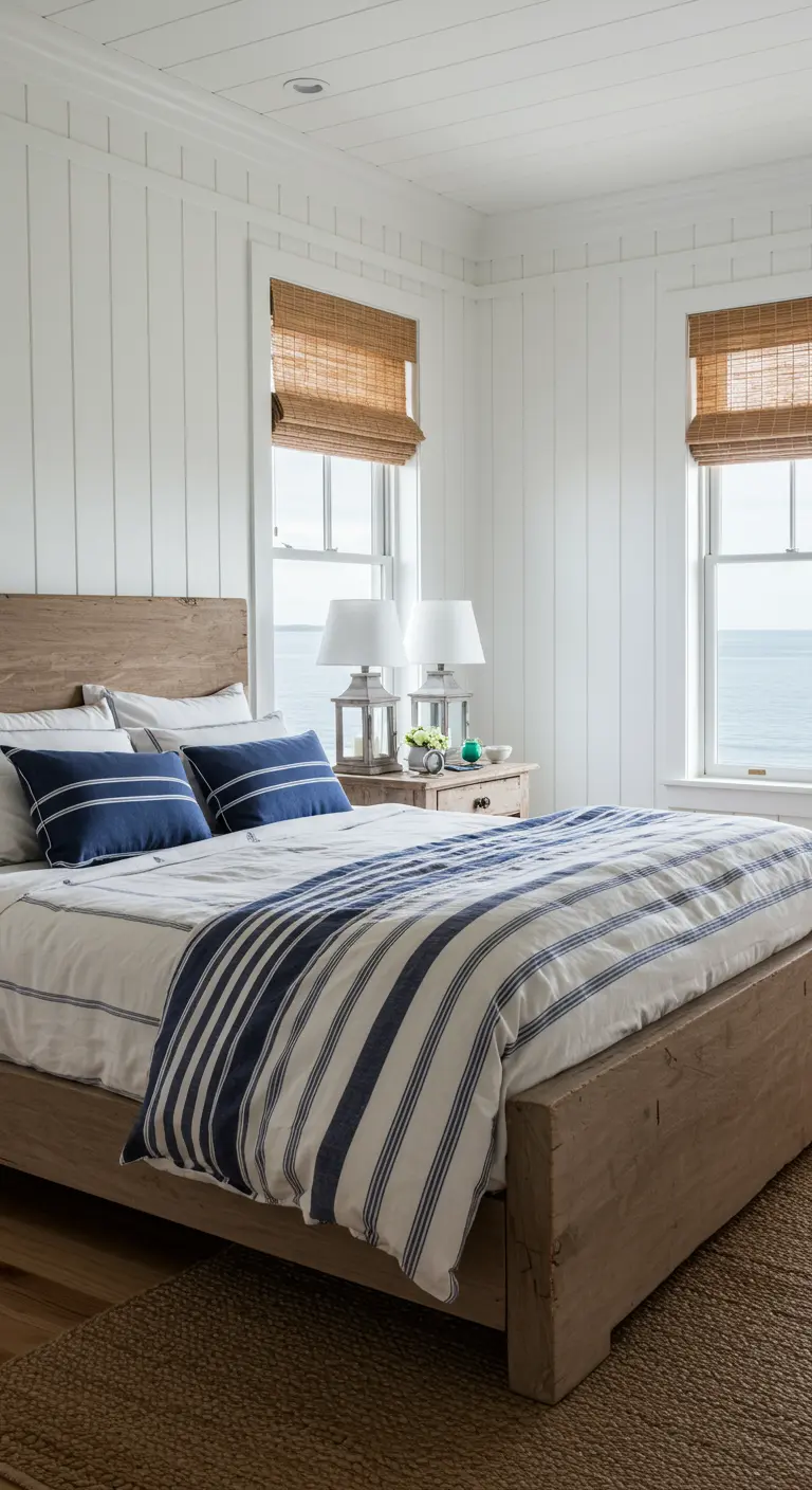 Slaapkamer in kuststijl met witte houten wanden en blauw-wit beddengoed.