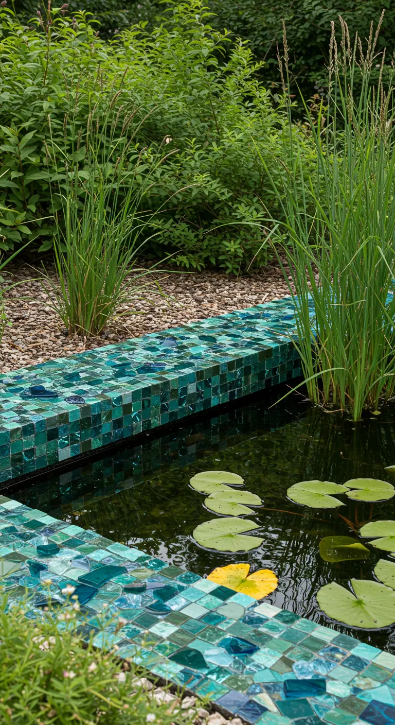Rand van een vijver bekleed met glanzende zeegroene en blauwe mozaïektegels.
