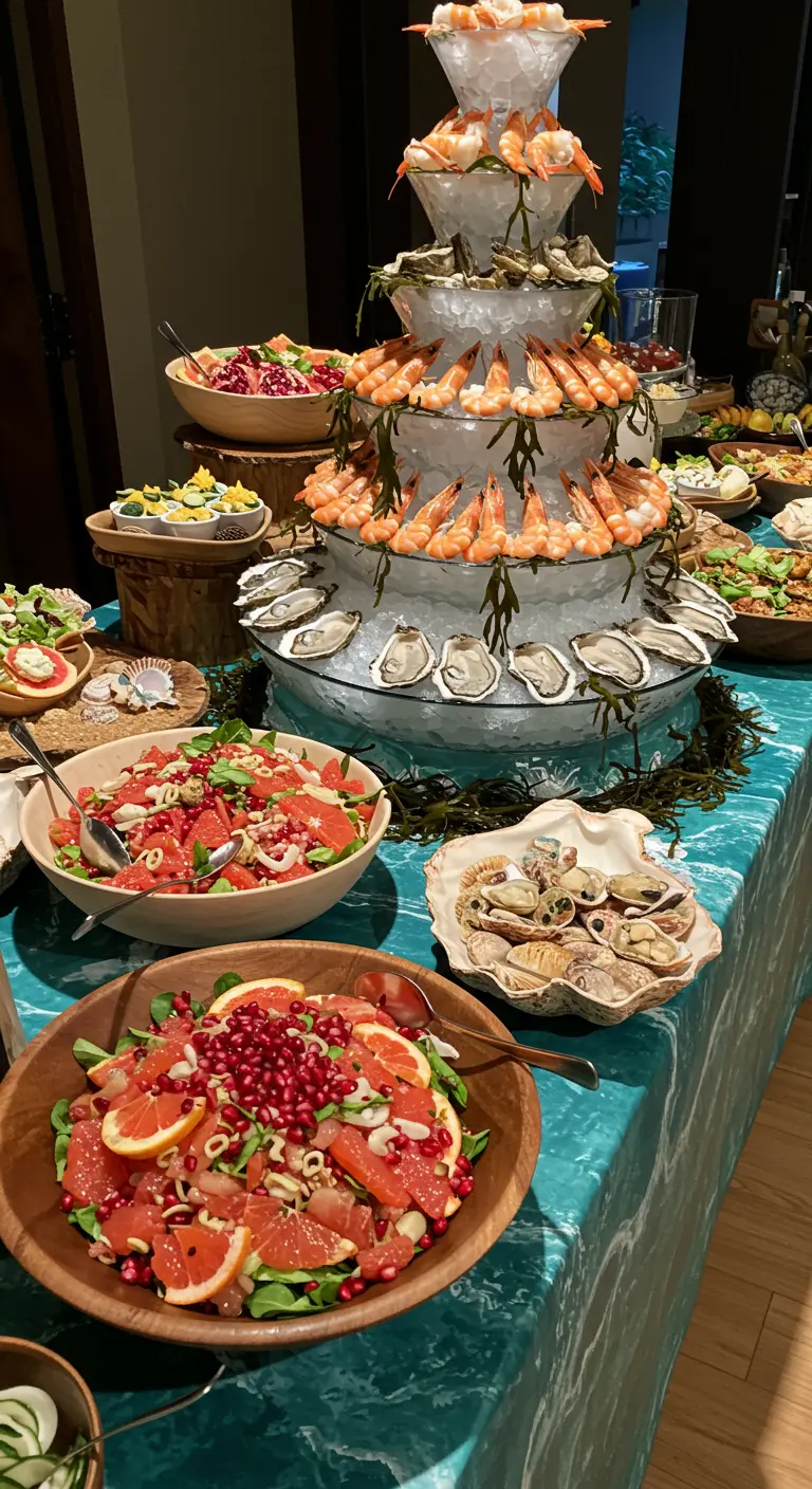 Luxe buffet met een etagère vol garnalen en oesters, en kleurrijke salades.