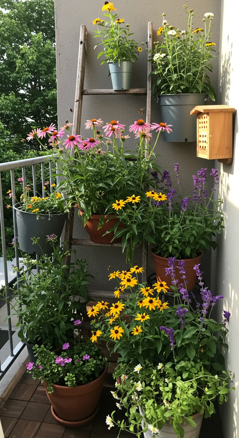 Houten ladder op een balkon vol met bij- en vlindervriendelijke bloemen en een insectenhotel.