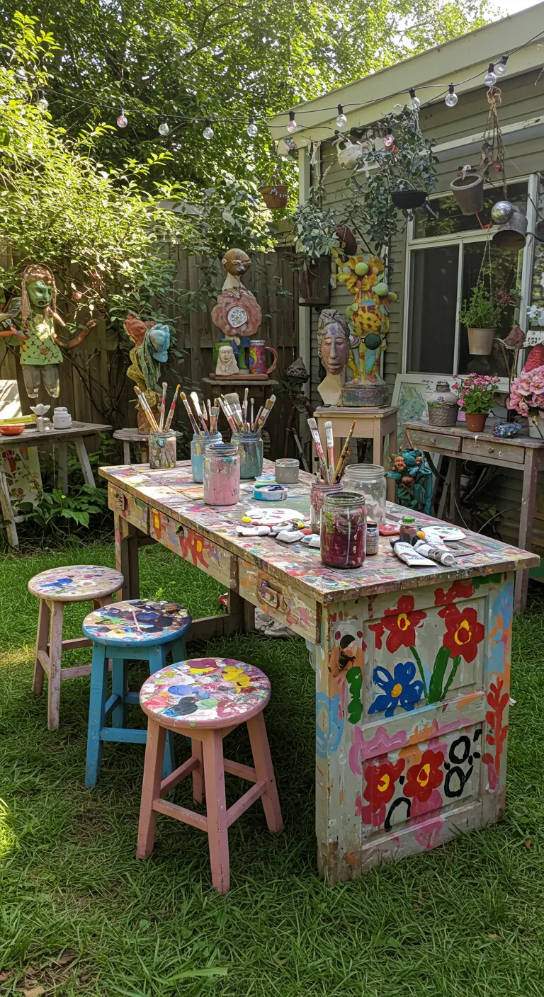 Kleurrijk beschilderde deur als knutseltafel in de tuin, met verfpotten en krukjes.