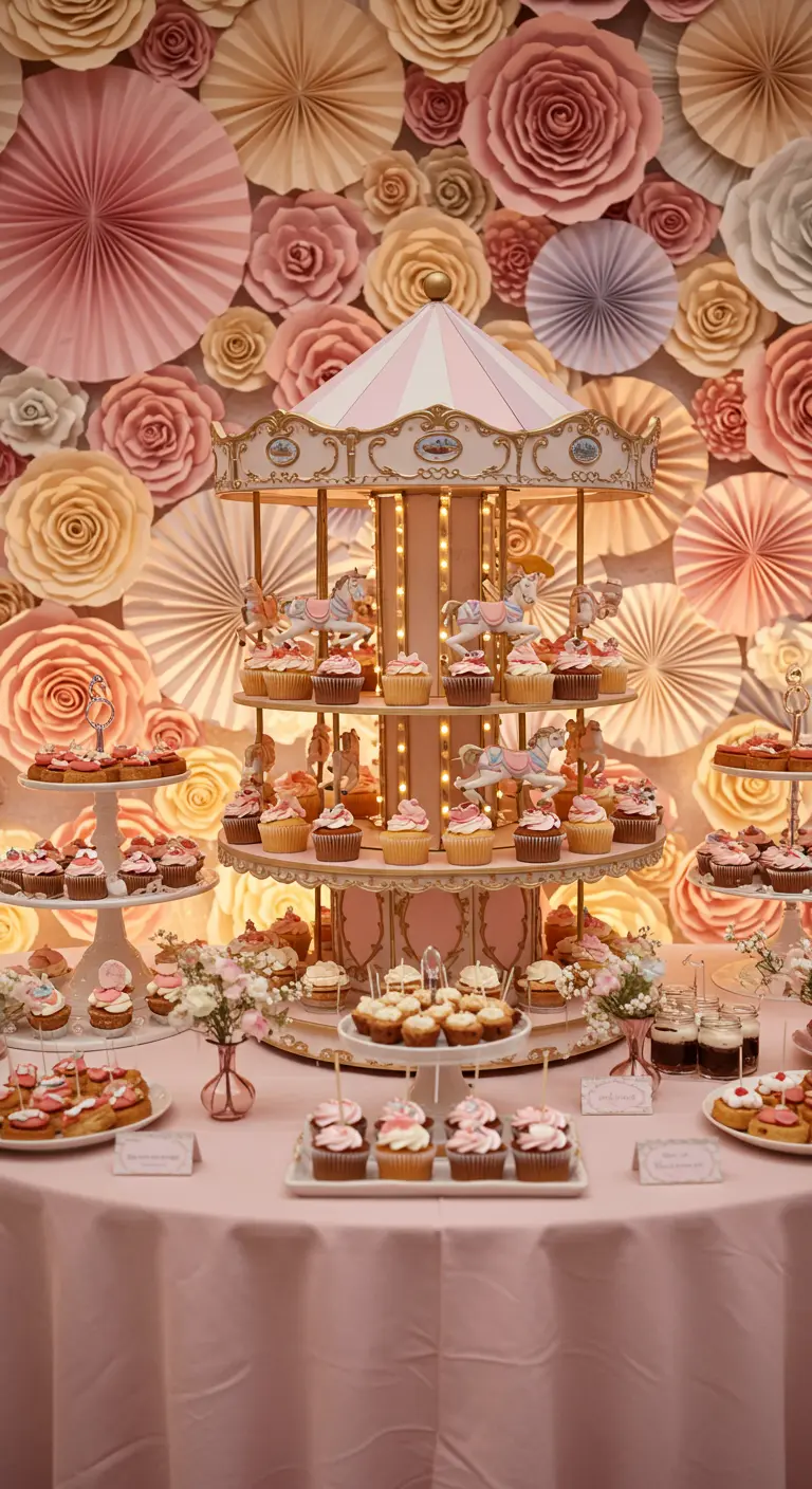 Desserttafel met carrousel-etagère en een achterwand van papieren bloemen.
