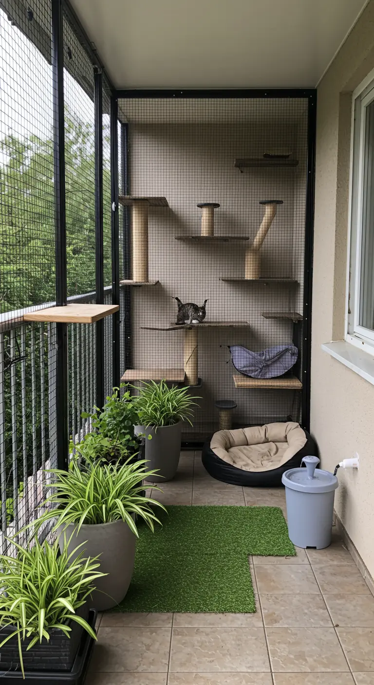 Balkon omgebouwd tot een veilige 'catio' met klimplanken, mandjes en kunstgras voor een kat.