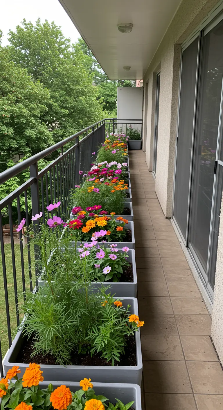 Smal balkon met een lange rij bakken vol met roze, oranje en gele Cosmea en Zinnia's.