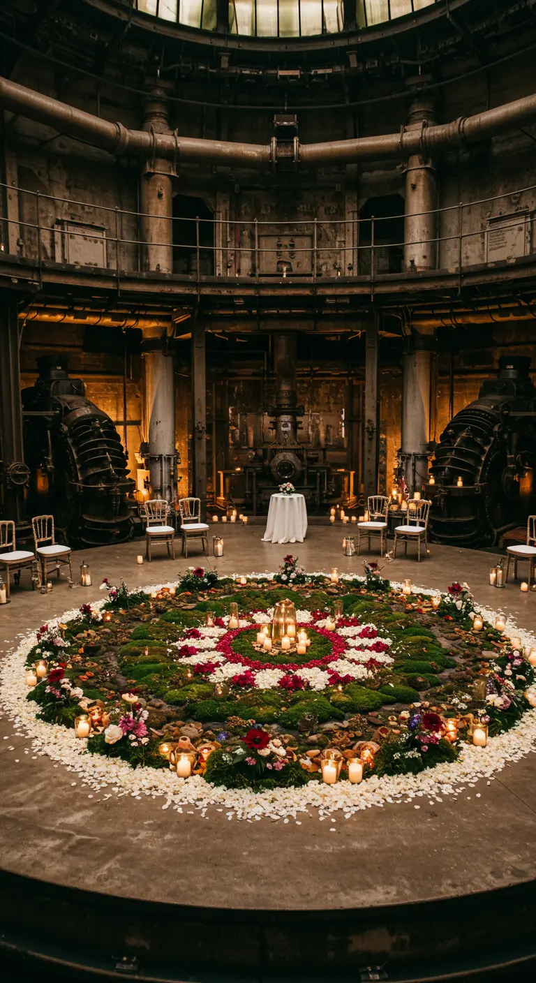 Ceremonie in een ronde industriële ruimte met een grote bloemenmandala op de vloer.