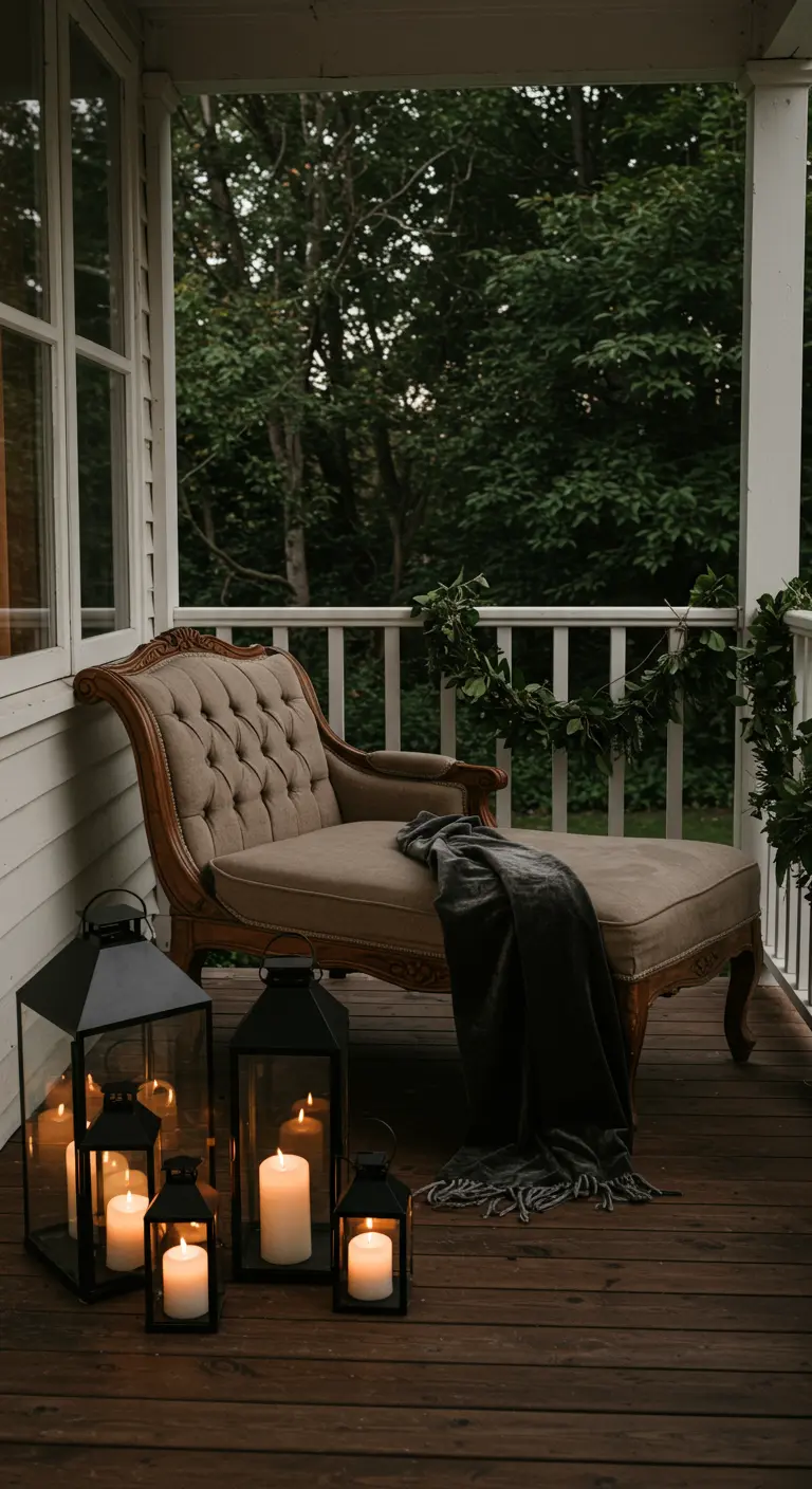 Veranda met een vintage chaise longue, een donker plaid en een cluster van zwarte lantaarns.